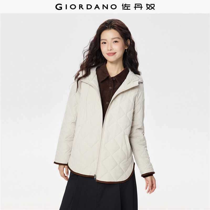 佐丹奴棉服夹克女秋冬新款菱形格撞色弧形摆连帽棉衣外套05376716