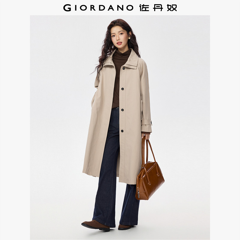佐丹奴外套女春季新款纯棉磨毛中长款宽松大翻领廓形风衣05375677
