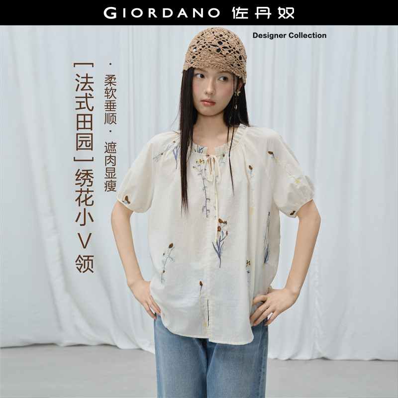 Giordano短袖绣花衬衫绑带图片