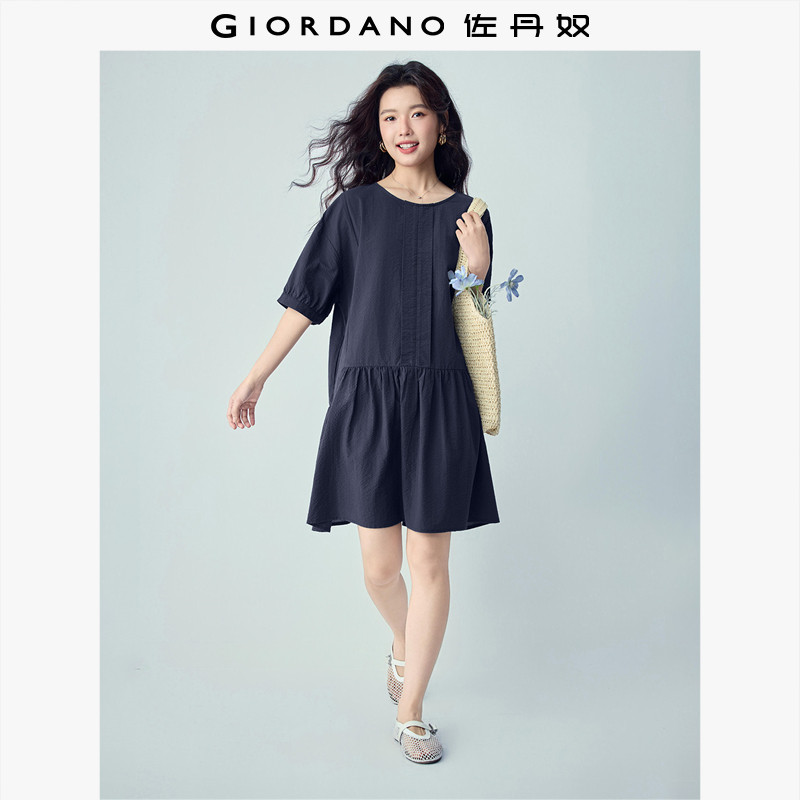 佐丹奴裙子女装2026年夏季泡泡皱压褶圆领拼接下摆连衣裙05466061