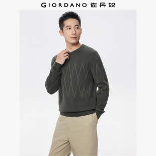 01055715 纯棉撞色线条圆领针织衫 佐丹奴几何图案毛衣男装 秋冬新款