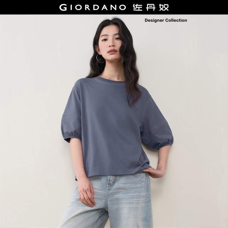 设计师款佐丹奴T恤女新款纯棉宽松圆领明线破骨中袖上衣18326212