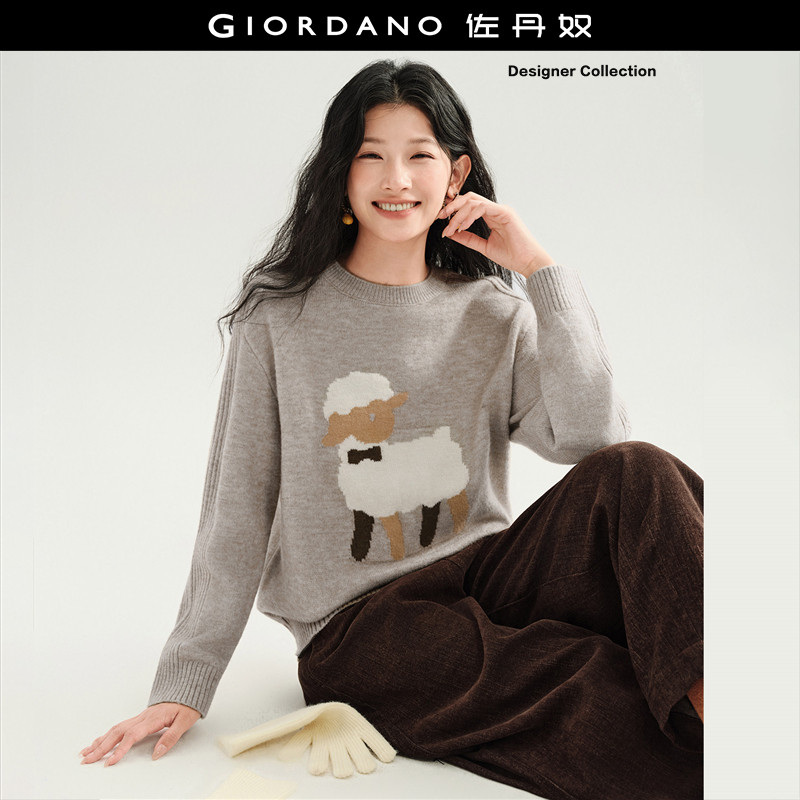 设计师款佐丹奴童趣风毛衣女宽松撞色绵羊提花圆领针织衫183567