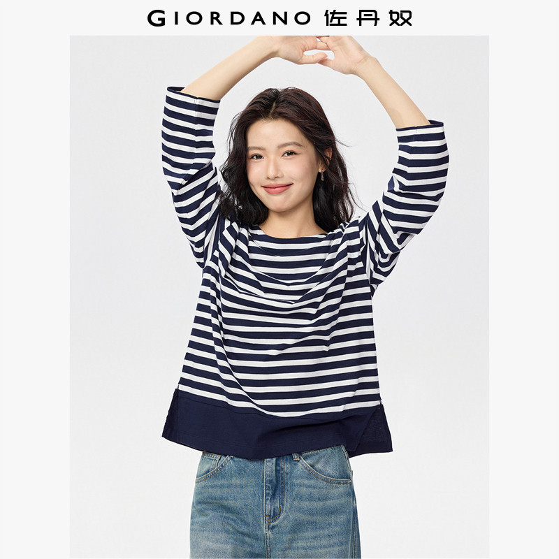 佐丹奴2026年春季新款纯棉条纹宽松拼接一字领长袖t恤女13325772