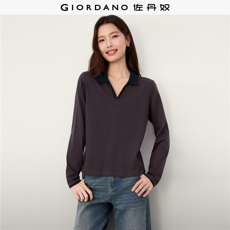 佐丹奴长袖Polo衫女装2026秋冬纯棉撞色V字翻领修身上衣13316653
