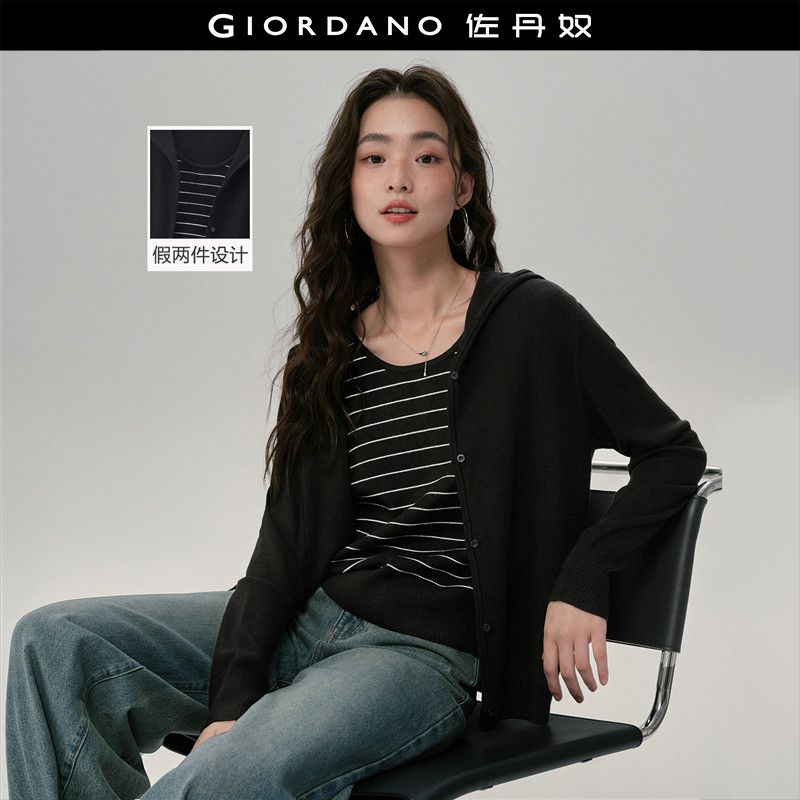 设计师款佐丹奴春季新款假两件条纹内里连帽套头针织衫女18355216,女装/女士精品,毛针织衫,淘宝优惠券,粉丝福利购,淘宝优惠卷