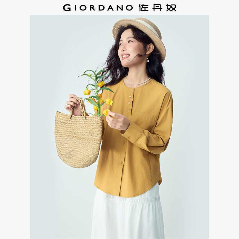 佐丹奴女装2026年春季新款纯棉圆领口袋宽松落肩长袖衬衫13346102