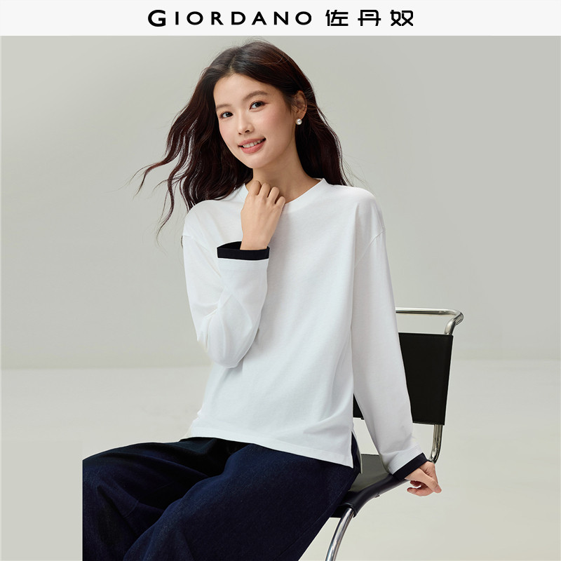 佐丹奴长袖T恤女2026秋冬纯棉t恤衫撞色拼接袖口圆领上衣133