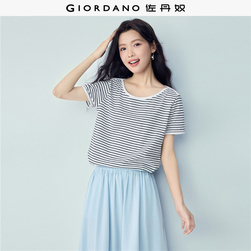 佐丹奴短袖T恤女夏新款航海系纯棉条纹拼接船领休闲上衣13326232 - 实物图
