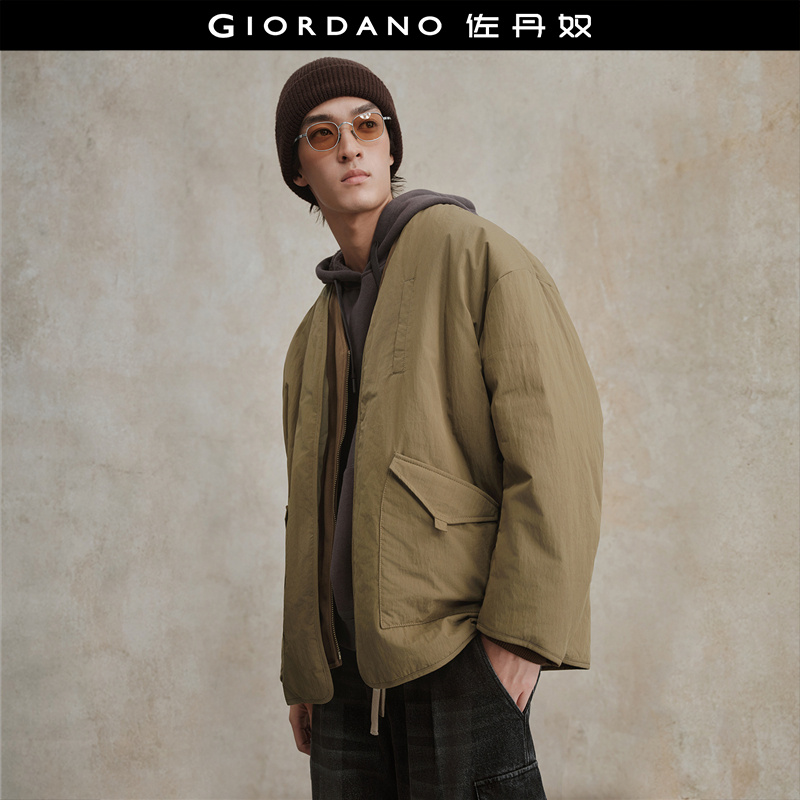 Giordano假两件棉衣拼色V领