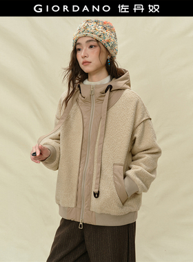设计师款佐丹奴棉衣外套女装圈圈呢拼接抽绳宽松连帽夹克18375817