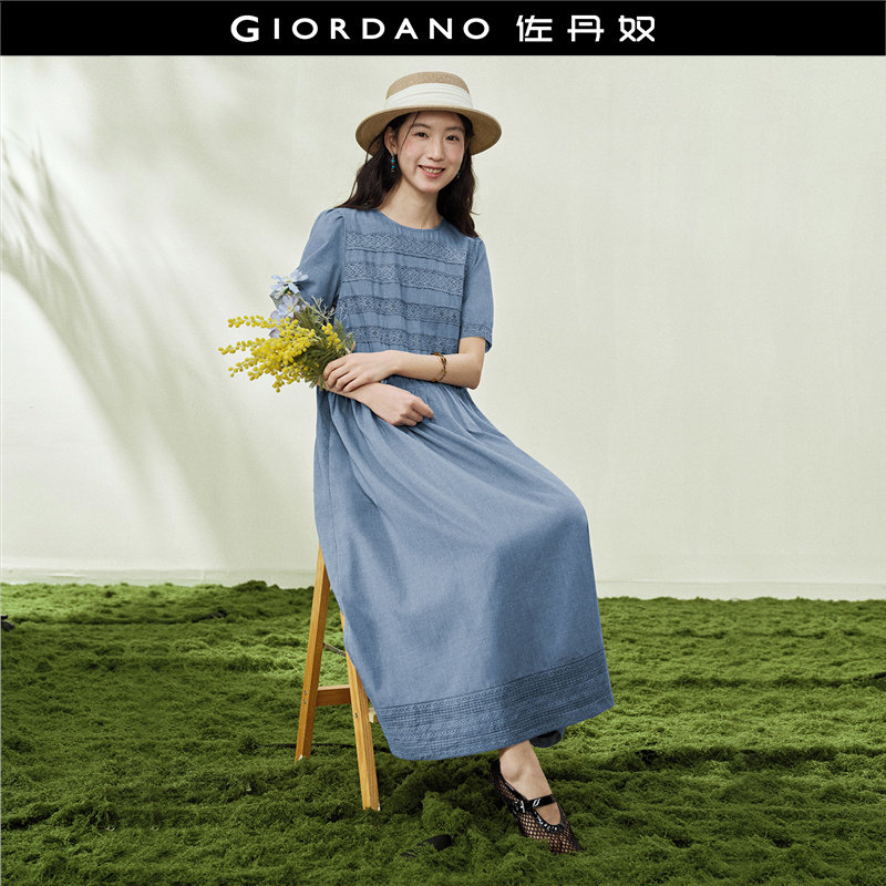 设计师款佐丹奴短袖裙子女装夏季新款拼接蕾丝圆领连衣裙18466606