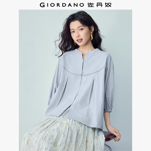 Giordano七分袖纯棉小V领衬衫