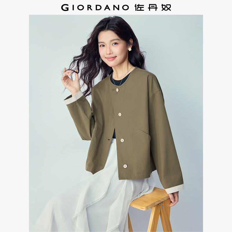 佐丹奴休闲外套女2026年春纯棉撞色袖口宽松圆领夹克开衫13376146