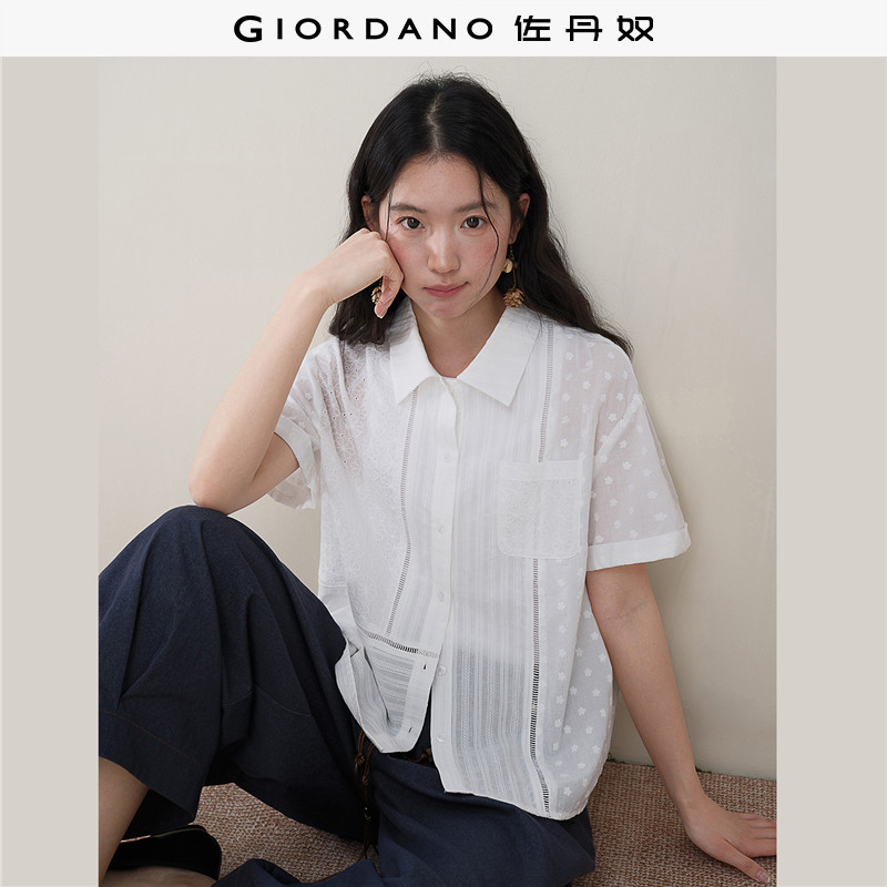 佐丹奴衬衫女装纯棉绣花镂空口袋梭织短袖衬衫 18346211