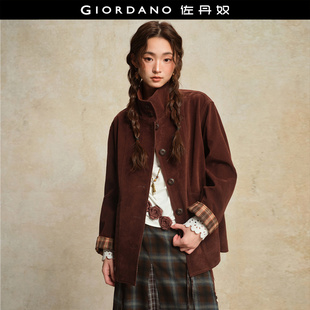 设计师款 里宽松立领外套18375814 佐丹奴麂皮夹克女复古拼接格纹袖