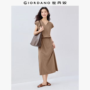 佐丹奴裙子女夏新款黑科技凉感极简风V领收腰连袖连衣裙05465490