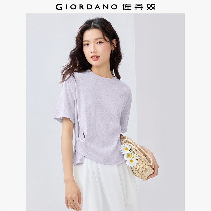 佐丹奴短袖T恤女新款时髦纽扣侧开叉圆领薄款休闲上衣女05325407