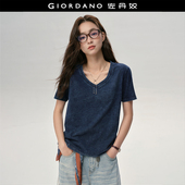 设计师款 仿牛仔V领上衣女18325918 纯棉t恤衫 佐丹奴短袖 T恤女新款