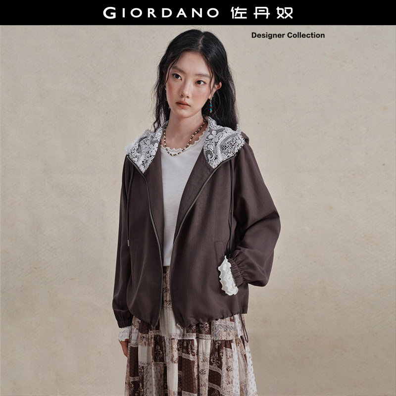 设计师款佐丹奴2026秋冬莱赛尔拼蕾丝抽绳连帽宽松外套女1837
