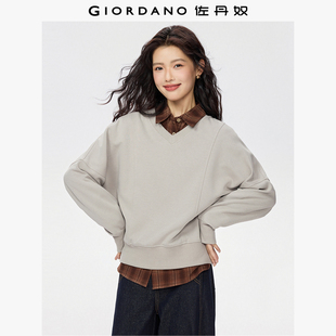 佐丹奴卫衣女2026年春季双面布纯色V领破骨宽松套头上衣13325765