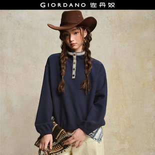 宽松拼接撞色格纹立领半开襟卫衣18325520 新款 设计师款 佐丹奴女装