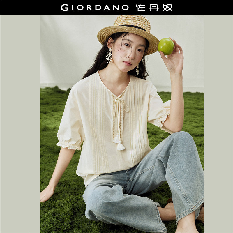 设计师款佐丹奴女装新款纯棉压褶绑带宽松圆领五分袖衬衫18346508