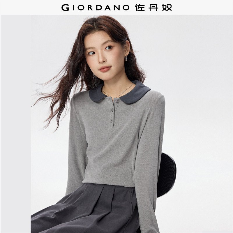 佐丹奴长袖Polo衫女新款弹力坑条套头衫撞色娃娃领上衣女05315789