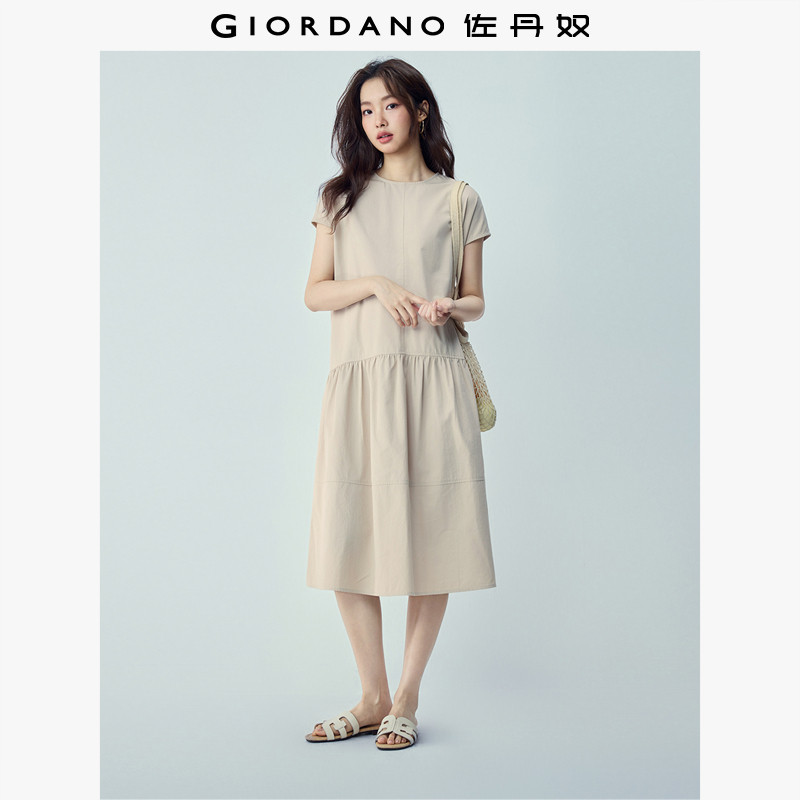 佐丹奴短袖裙子女2026年夏新款纯棉收褶圆领小飞袖连衣裙13466534