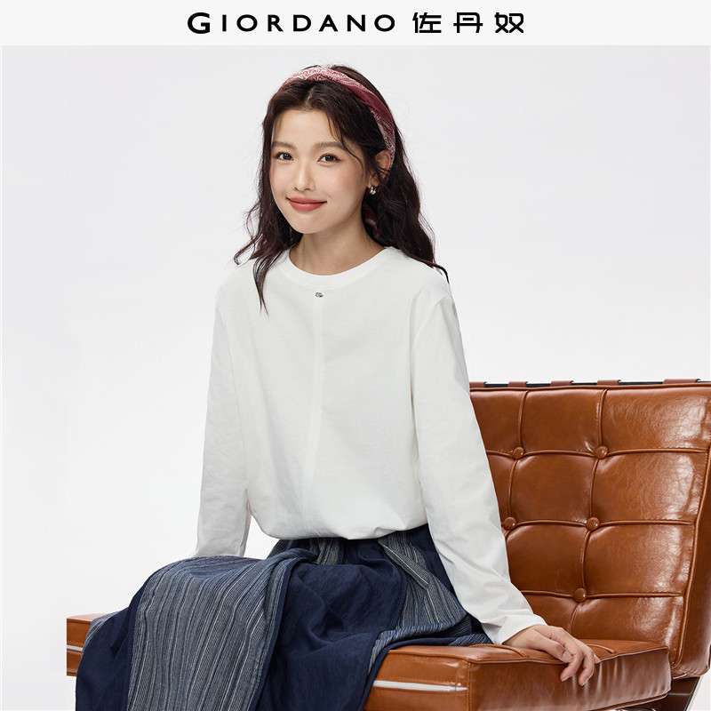 佐丹奴长袖T恤女2026秋冬纯棉t恤衫金属标宽松圆领上衣女13326785