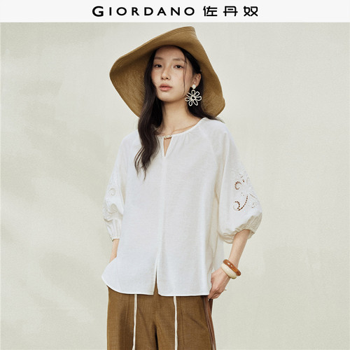 Giordano七分袖棉麻镂空衬衫