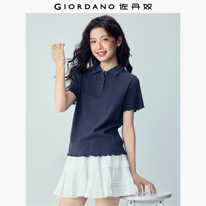 佐丹奴短袖polo衫女装夏季新款肌理感木耳边修身翻领上衣05316381