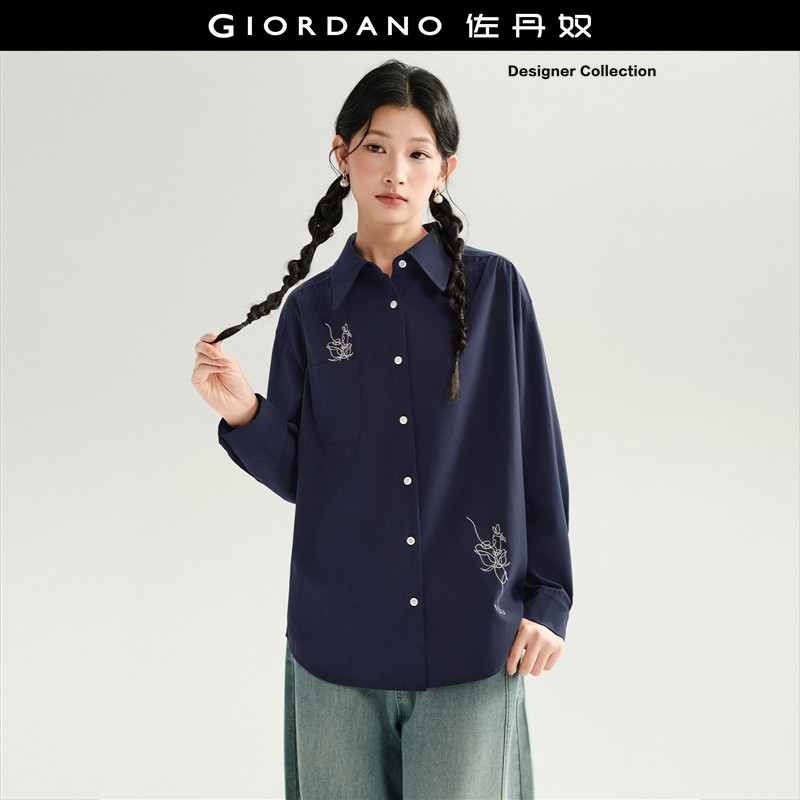 设计师款佐丹奴刺绣磨毛衬衫女新款藏青色尖领长袖上衣女183462