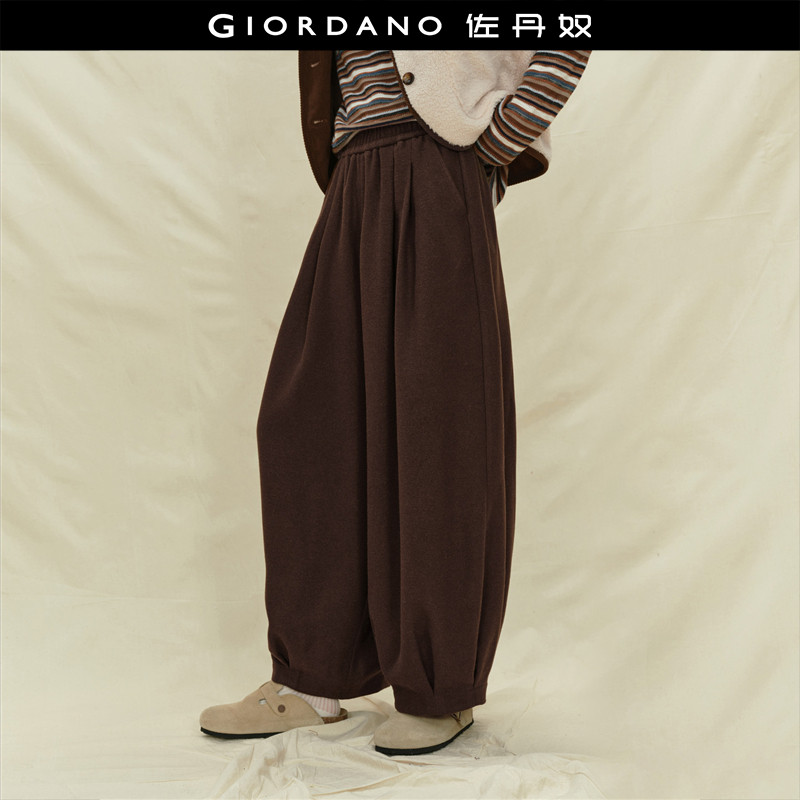 设计师款佐丹奴裤子女装复古压褶灯笼裤松紧腰毛呢阔腿裤18415918,女装/女士精品,休闲裤,淘宝优惠券,粉丝福利购,淘宝优惠卷