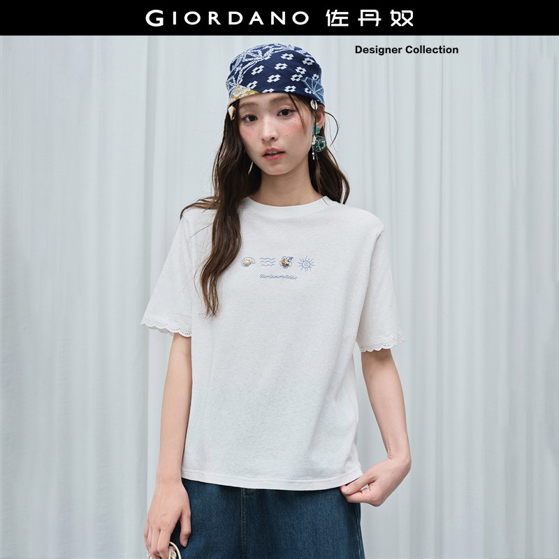 设计师款佐丹奴短袖T恤女夏季纯棉刺绣立体装饰圆领上衣183265