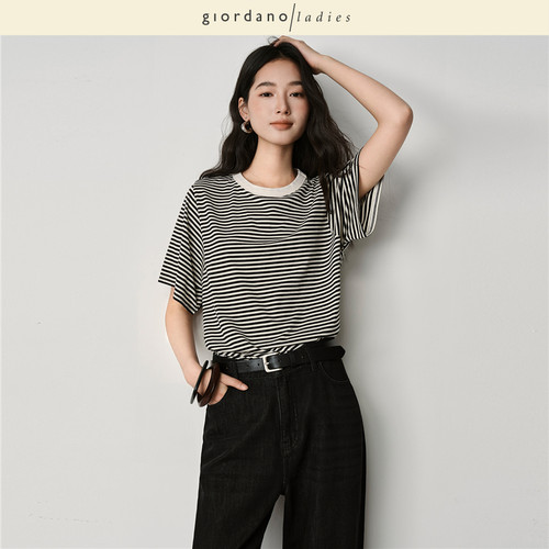 GL女装短袖条纹针织撞色圆领T恤