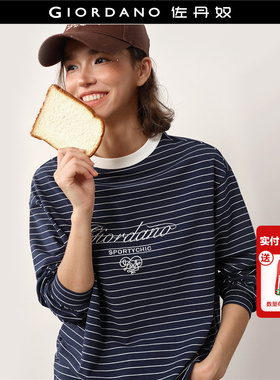 设计师款佐丹奴2026年春刺绣条纹撞色圆领宽松长袖T恤女18325305