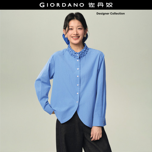Giordano条纹长袖衬衫木耳边