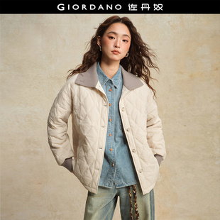 设计师款 拼接罗纹翻领菱形格绗缝宽松棉衣外套18375508 佐丹奴女装