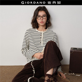 设计师款 佐丹奴2026年春纯棉木耳边亨利领条纹长袖 T恤女18325223