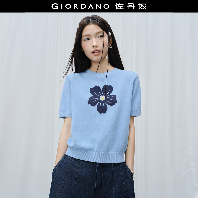 设计师款佐丹奴新款纯棉花朵提花宽松圆领短袖针织衫女夏18356707