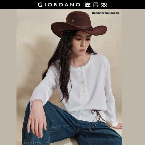 Giordano长袖亨利领长门筒T恤