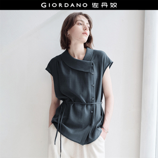 通勤翻领系带小飞袖 设计师款 女夏季 衬衫 女18345612 佐丹奴短袖