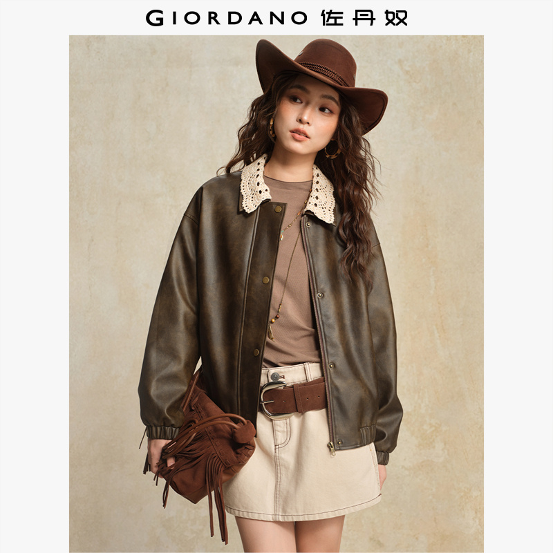 Giordano拼接蕾丝翻领皮衣外套