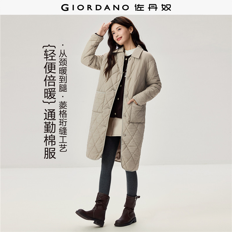 佐丹奴棉服女2026秋冬新款保暖菱形格中长款翻领棉衣外套1337