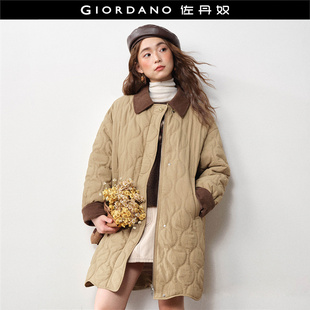 设计师款 棉服女复古风波浪边拼接翻领棉衣外套18375719 佐丹奴长款