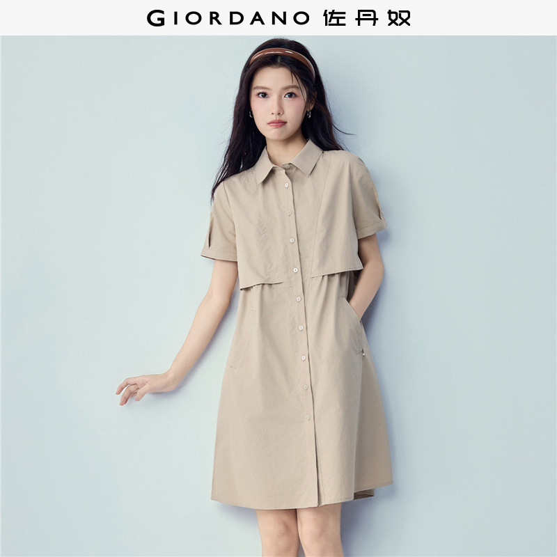 佐丹奴短袖裙子女装夏季小个子假两件收褶翻领衬衫连衣裙13466227