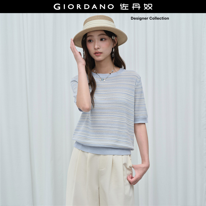设计师款佐丹奴夏季新款亚麻莱赛尔条纹圆领短袖针织衫女183562