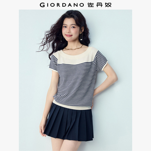 佐丹奴条纹针织衫女2026年夏新款海军风圆领插肩短袖上衣13356268