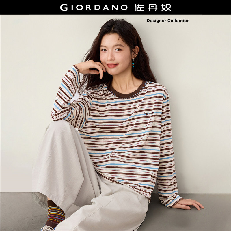 Giordano长袖条纹刺绣T恤图片